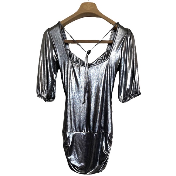 SM•NWT•BEBE•GUNMETAL GREY METALLIC BASKET WEAVE TUNIC• - Picture 3 of 5